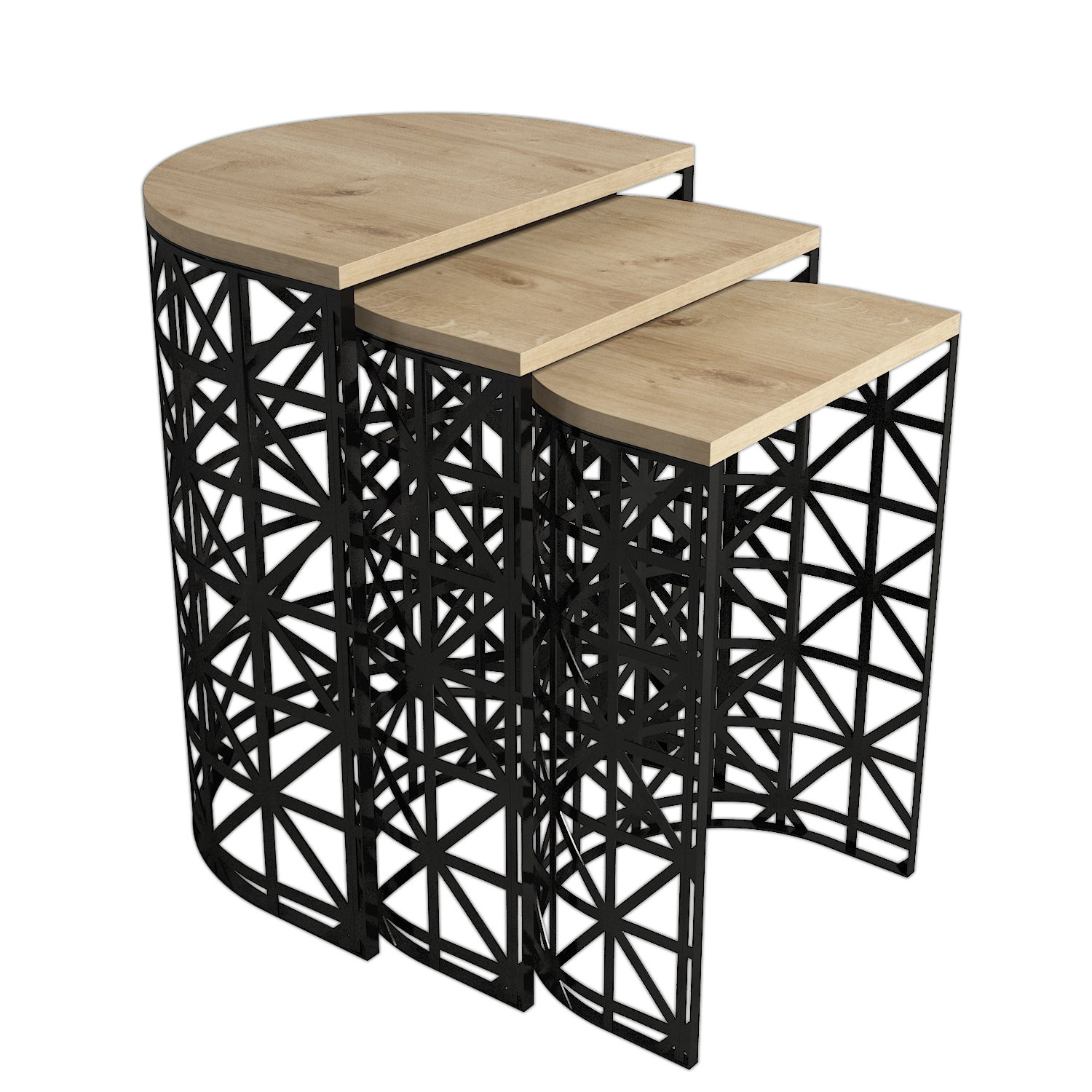 Table gigogne 3 pièces Arrondie Zachem Métal Noir et Bois Chêne
