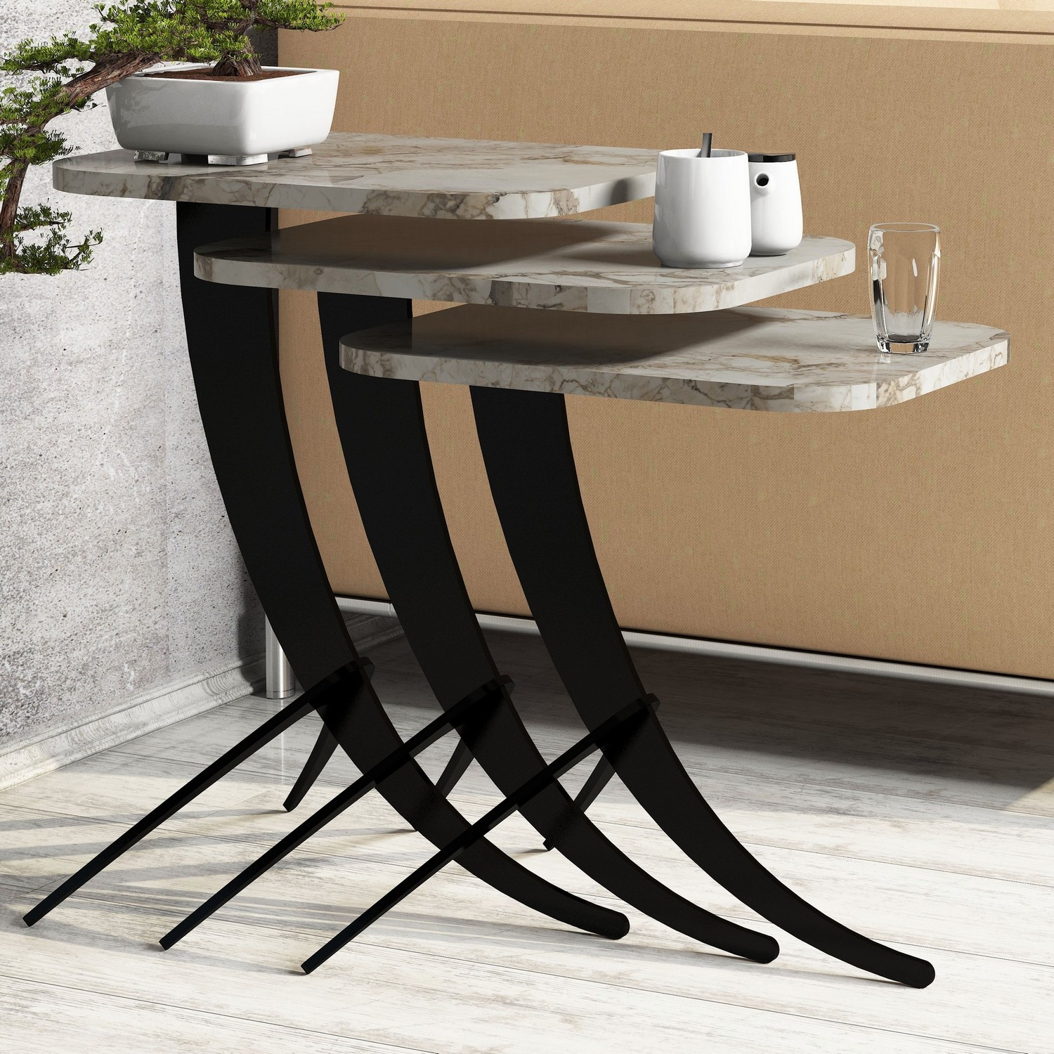 Table gigogne 3 pièces Zachem Bois Noir et Blanc Marbré
