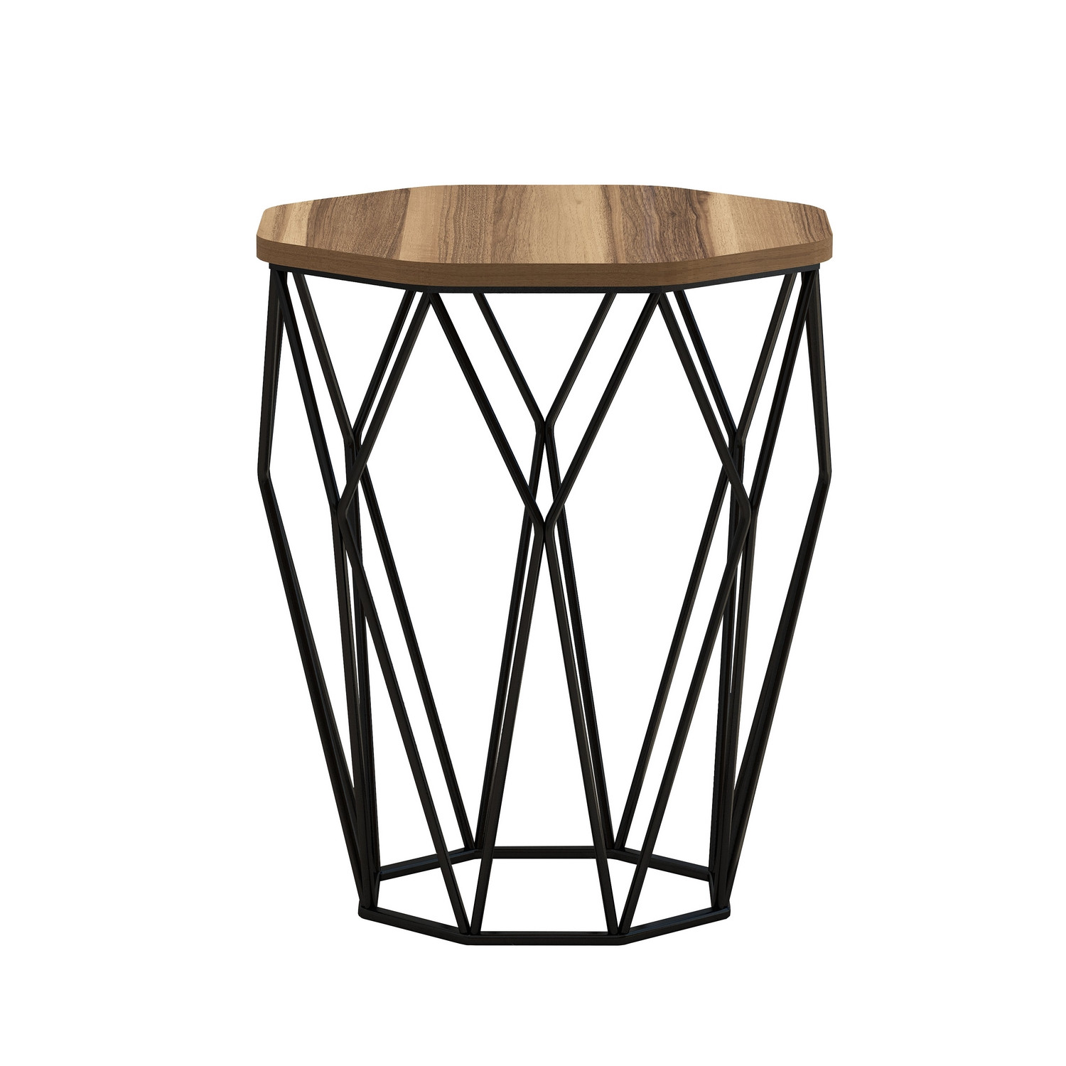 Table Heptagone Zachem Panneau Métal Noir et Bois Naturel