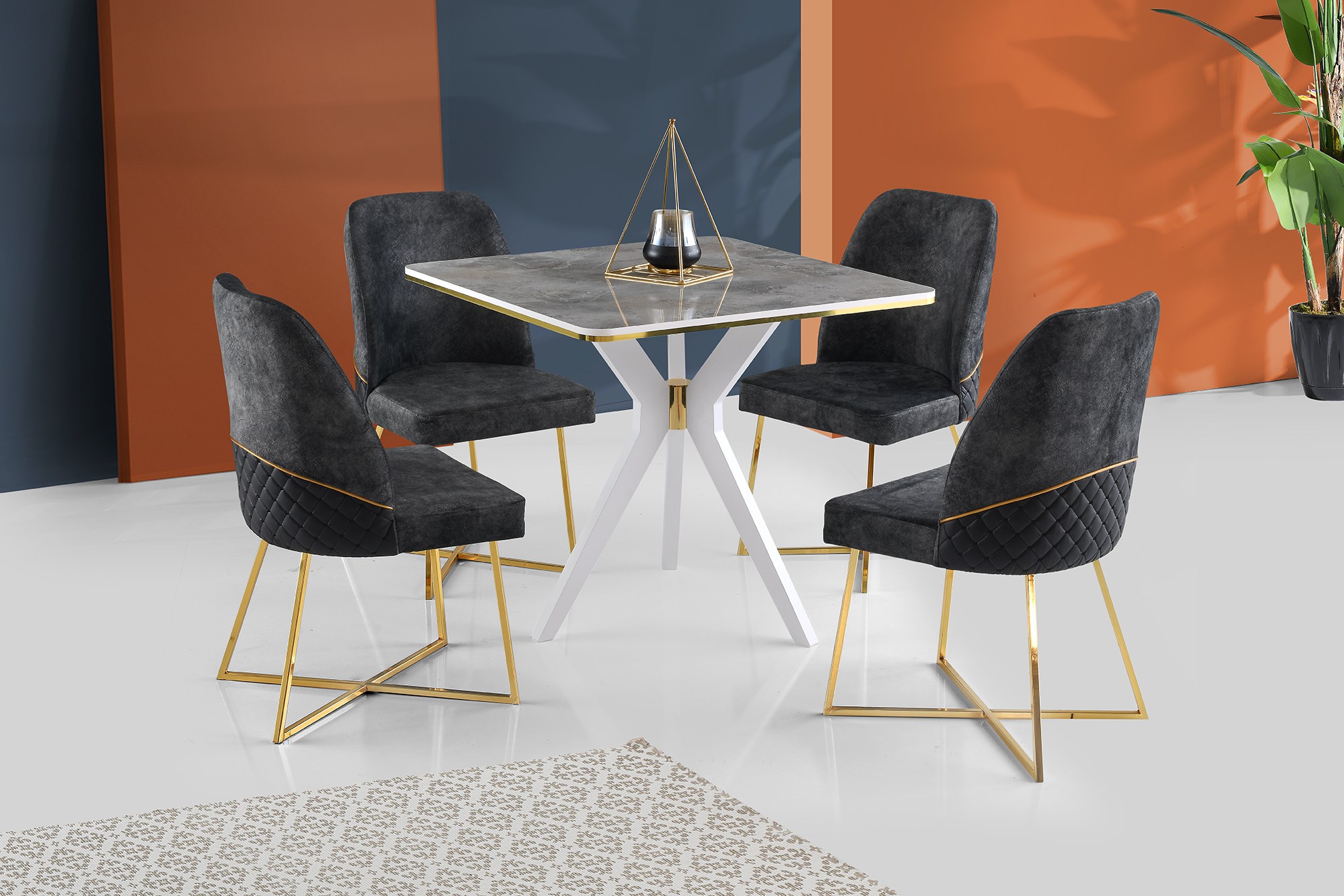 Table salle à manger carrée Sorcha Effet marbre Gris, Blanc et Or