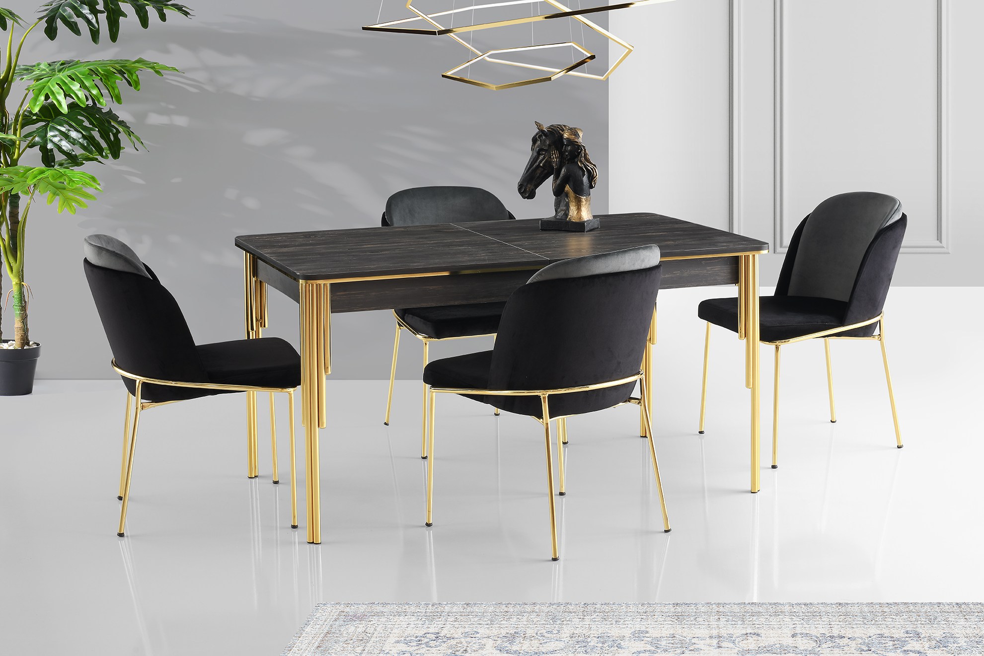 Table salle à manger extensible Diallo Bois Noir et Métal Or
