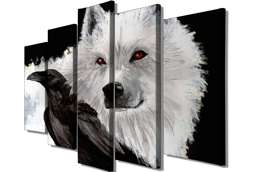 Tableau décoratif pentaptyque Scaenicos Motif Loup & corbeau Noir et Blanc