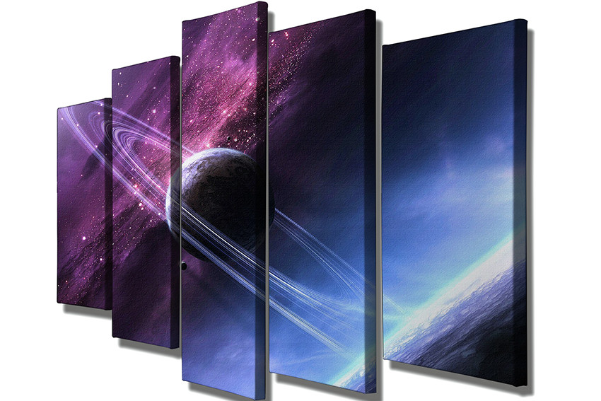 Tableau décoratif pentaptyque Scaenicos Motif Planète constellation Bleu et Rose