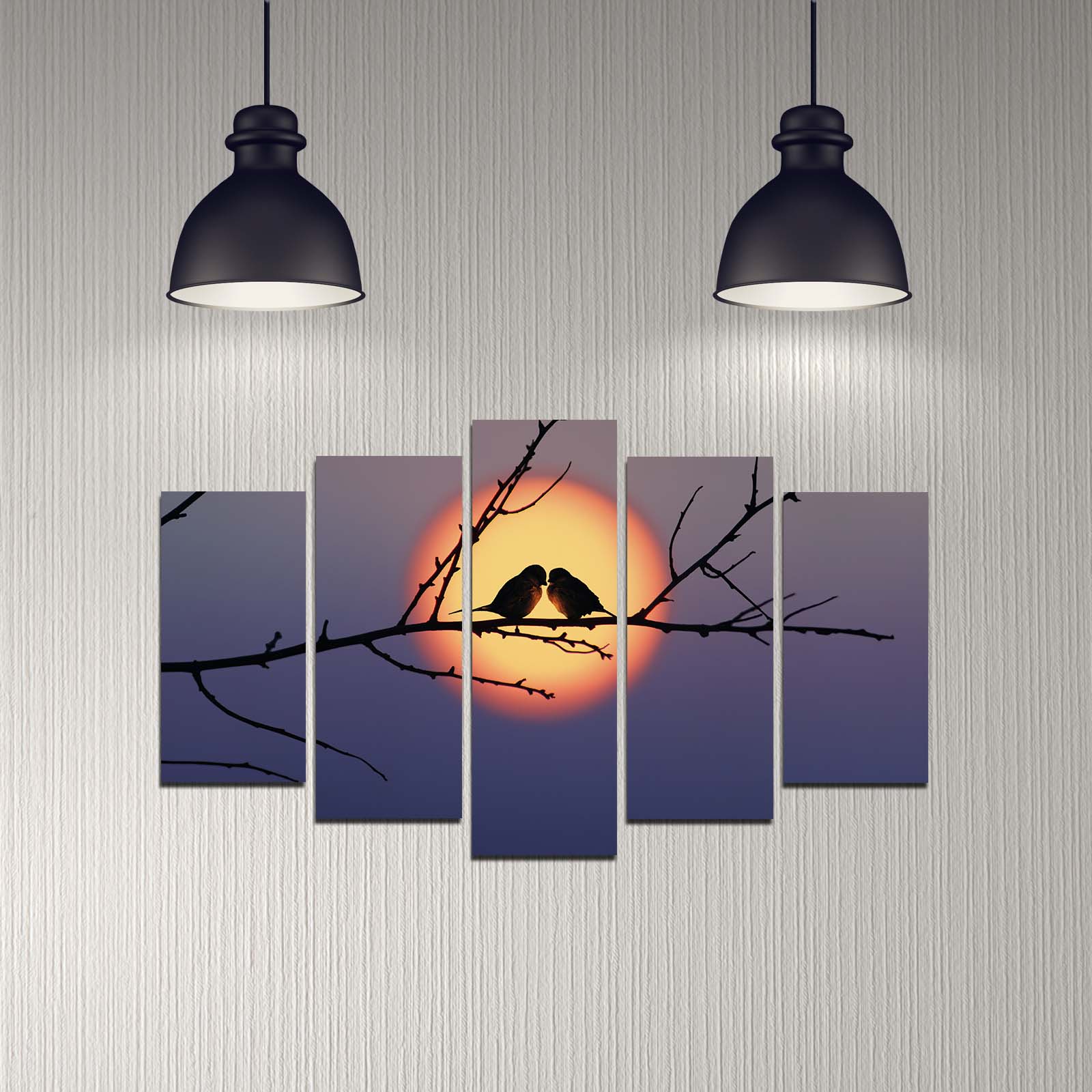 Tableau pentaptyque couple d'oiseau sur une branche Atos Bois Multicolore