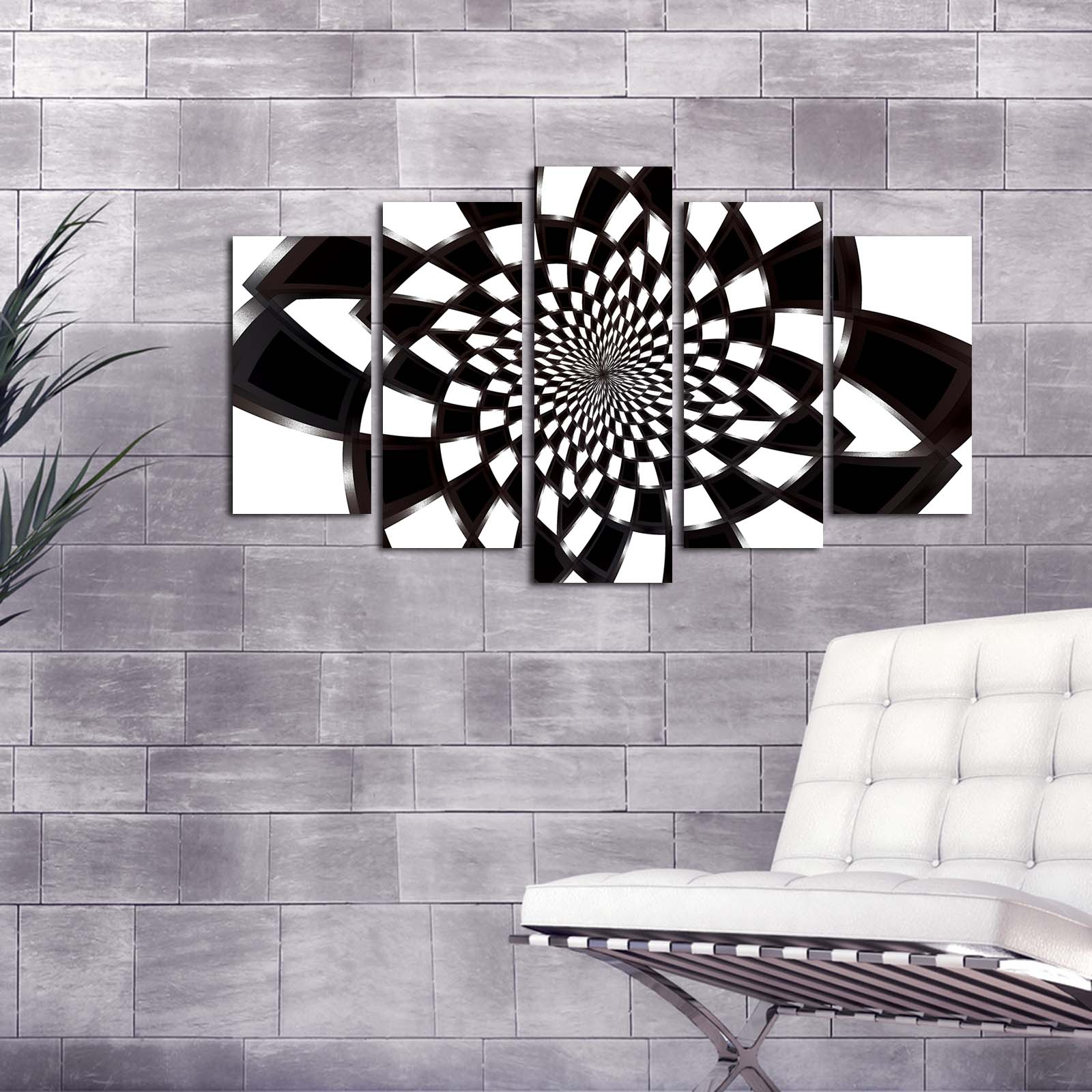 Tableau pentaptyque vortex damier hypnotique Atos Bois Multicolore