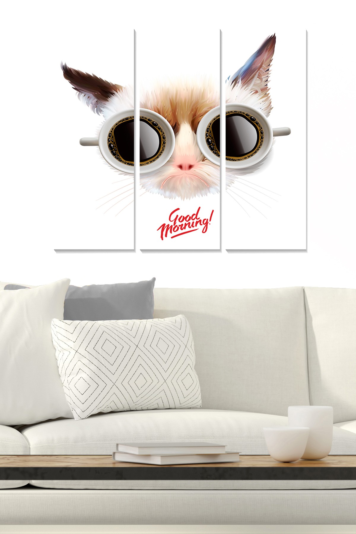 Tableau triptyque Fabulosus L70xH50cm Motif Chat humoristique Marron et Blanc