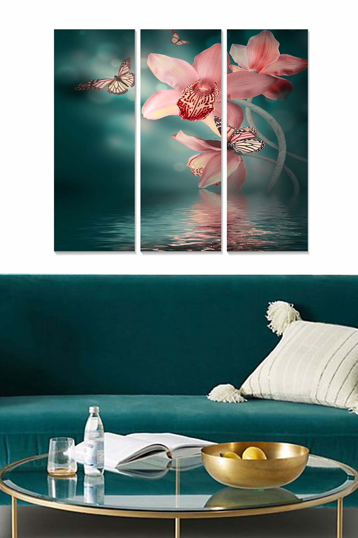 Tableau triptyque Fabulosus L70xH50cm Motif Orchidée et papillons Rose et Vert