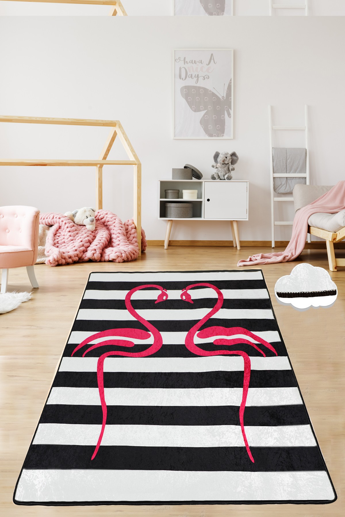 Tapis Arezki 80x140cm Velours Motif Rayures Noir et Blanc et silhouette flamant rose
