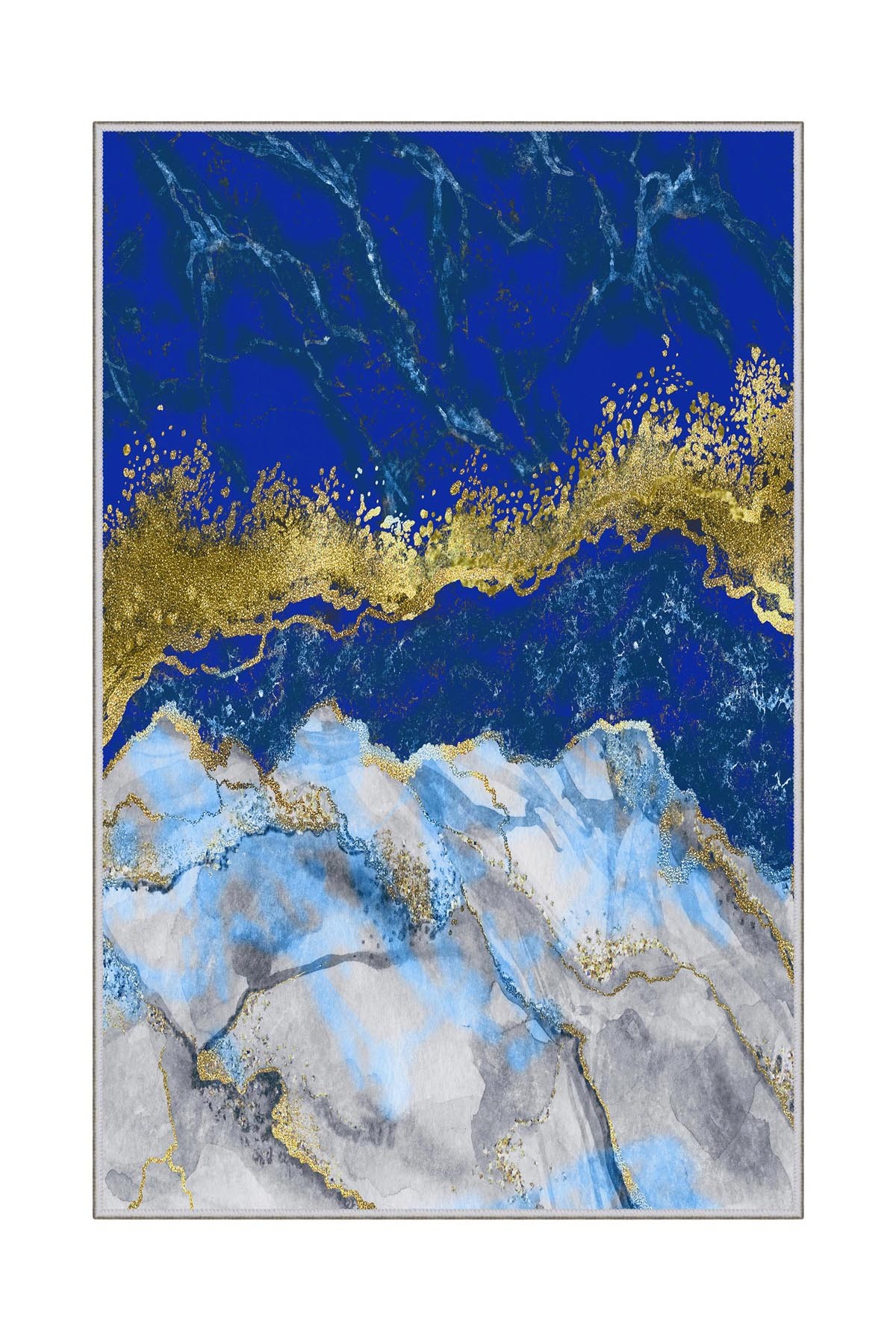 Tapis Brindisi 80x150cm Motif Marbre Bleu et Blanc craquelé Or