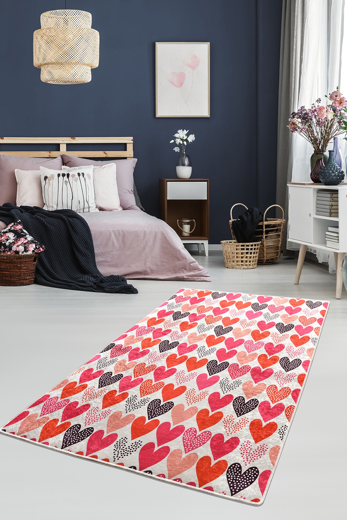 Tapis Coras 100x200cm Velours Motif Cœurs Multicolore