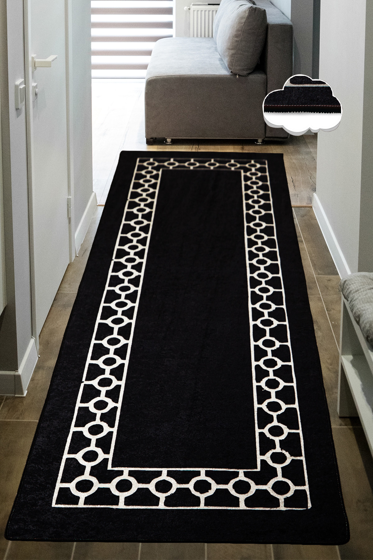 Tapis de couloir Akli 80x140cm Motif Cadre avec cercles Noir et Blanc