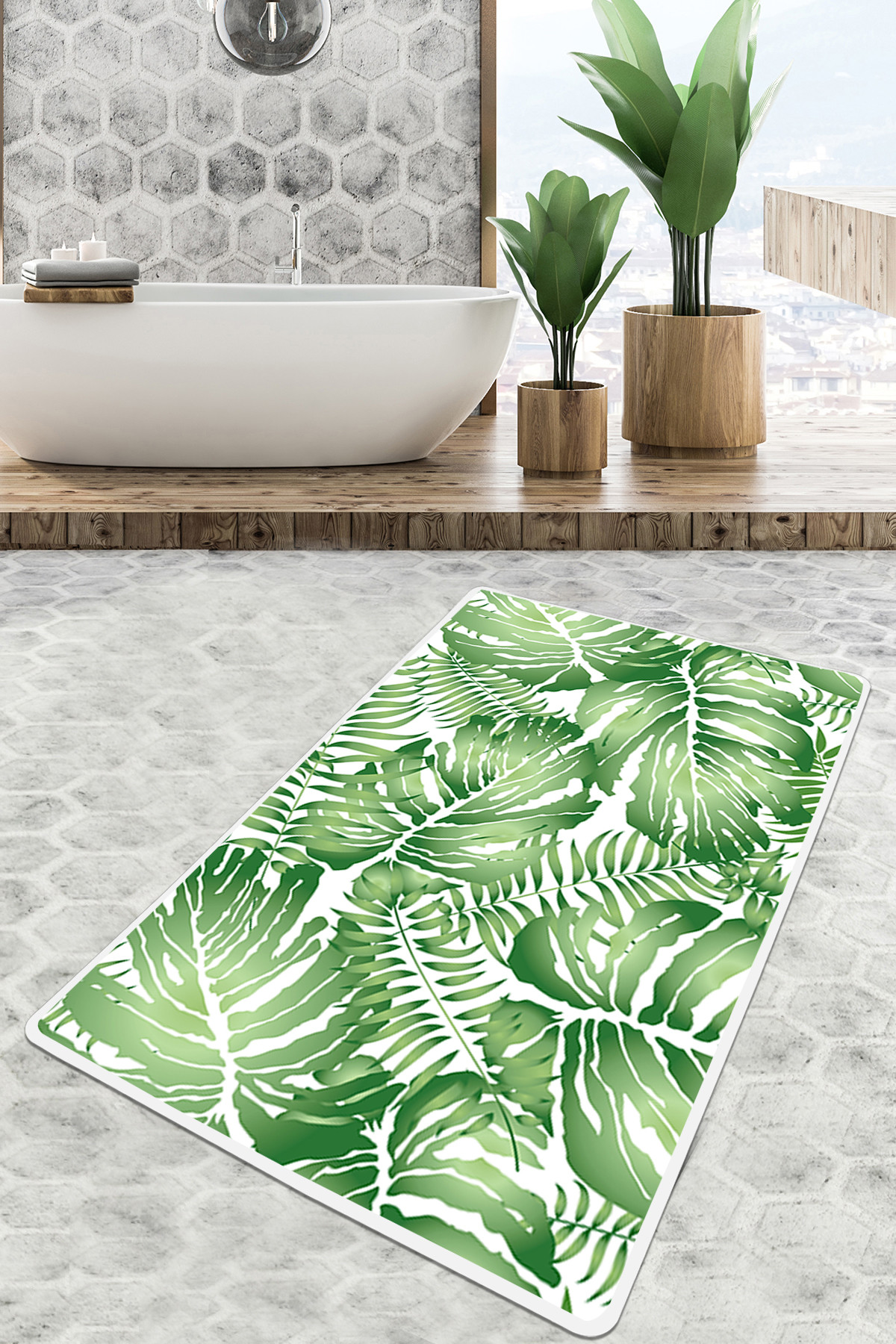 Tapis de salle de bain Foliacel 70x120cm Motif végétal Vert