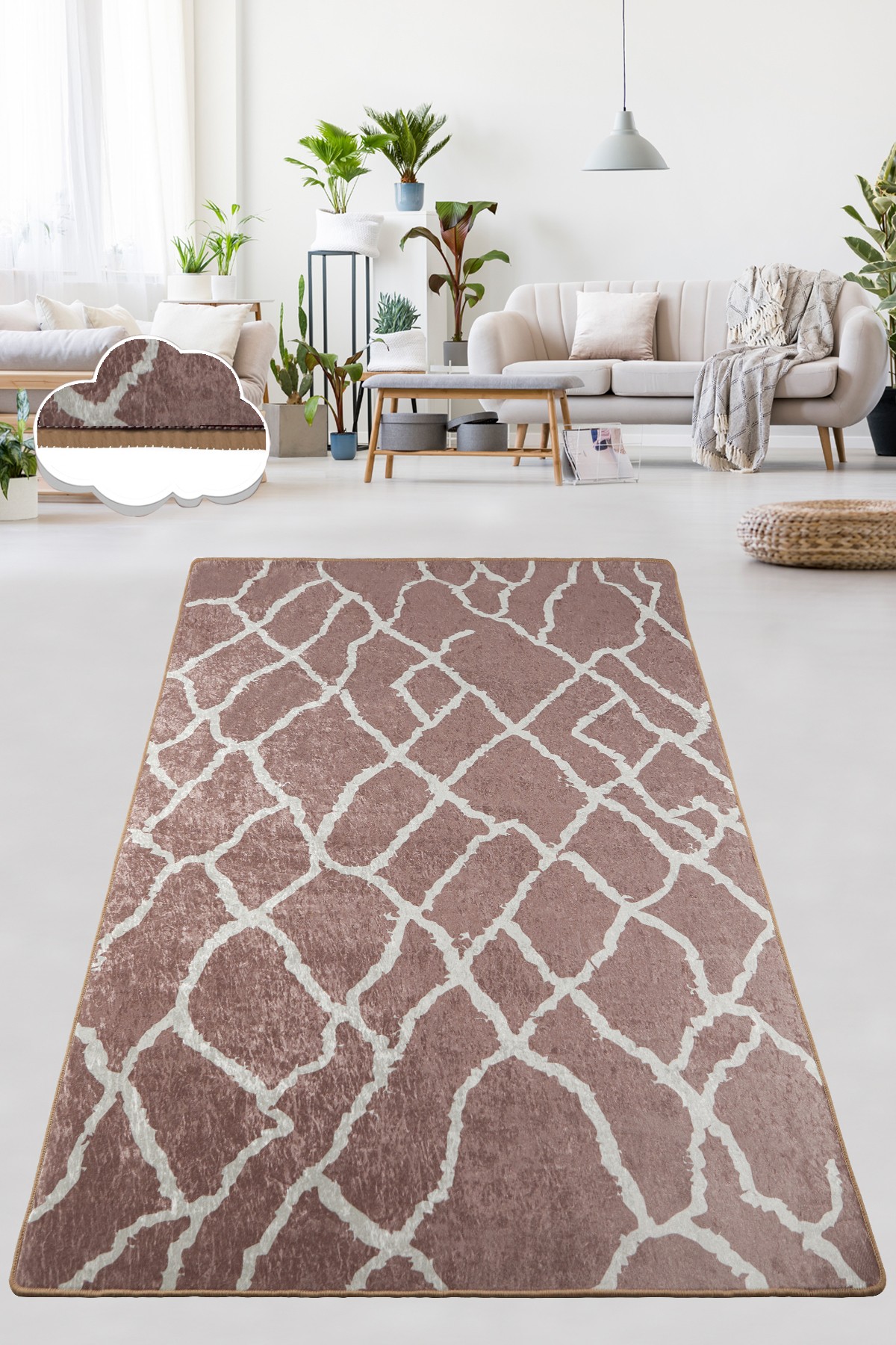Tapis Kenzi 100x200cm Velours Motif Craquelé Beige et Blanc