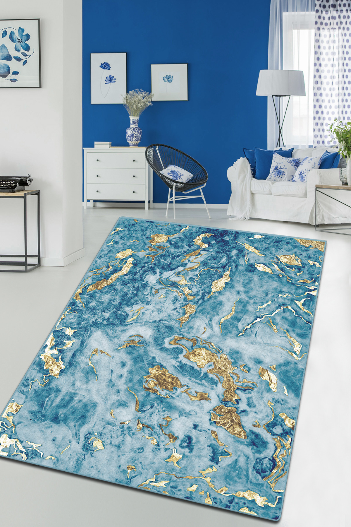 Tapis Kujala 80x140cm Velours Motif Abstrait Bleu et Or