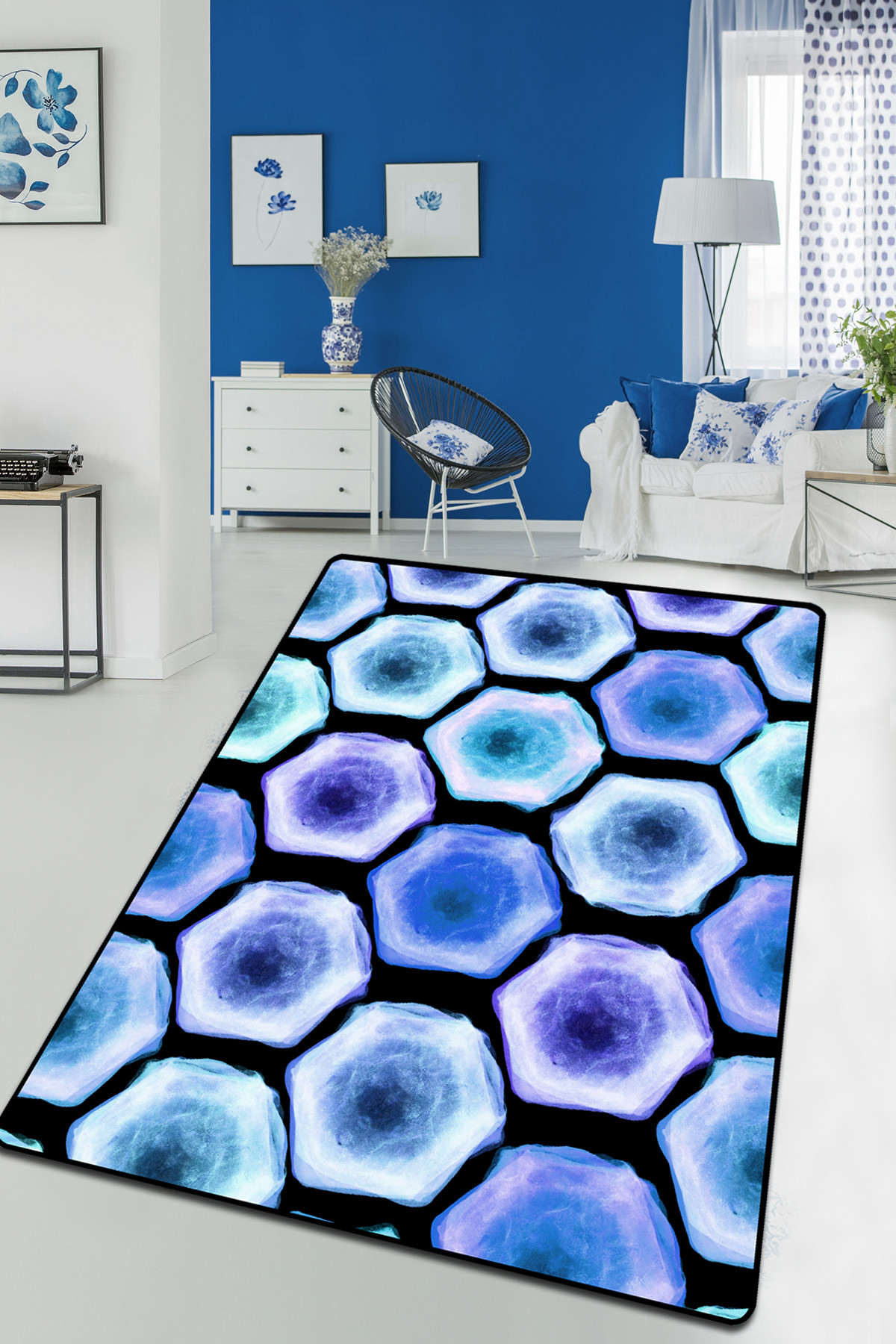 Tapis Maifort 80x150cm Velours Motif Hexagones Bleu