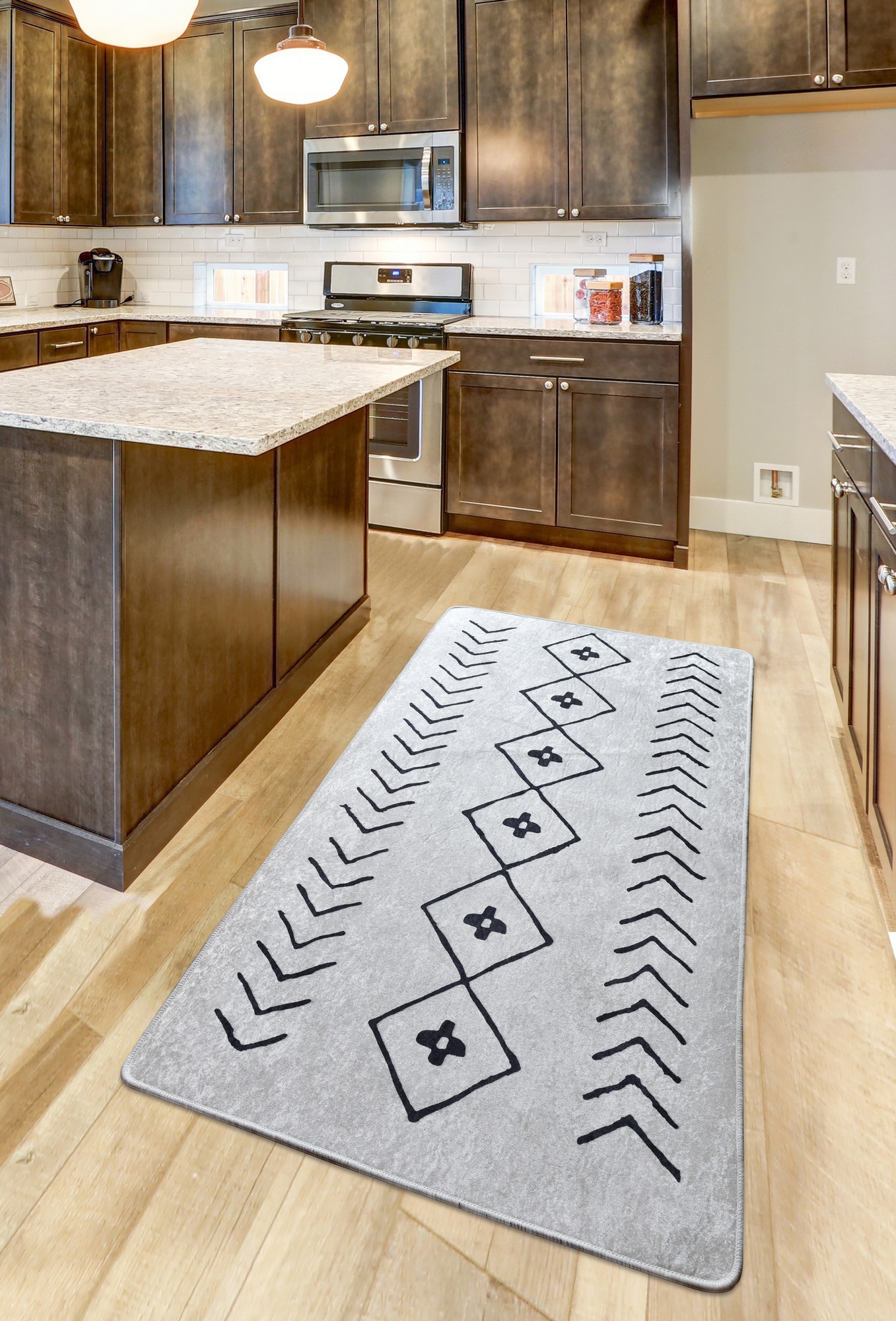 Tapis Mezouar 80x300cm Velours Motif Berbère Noir et Gris