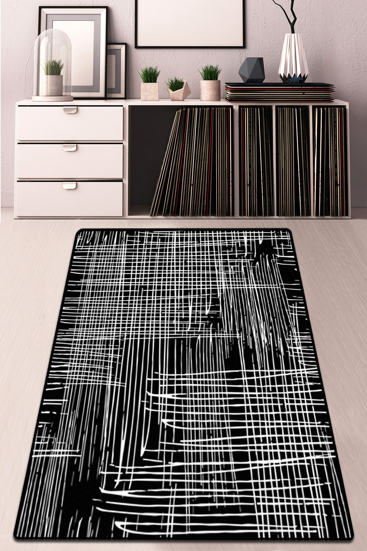 Tapis Virva 80x100cm Velours Motif Rayures Blanc et Noir