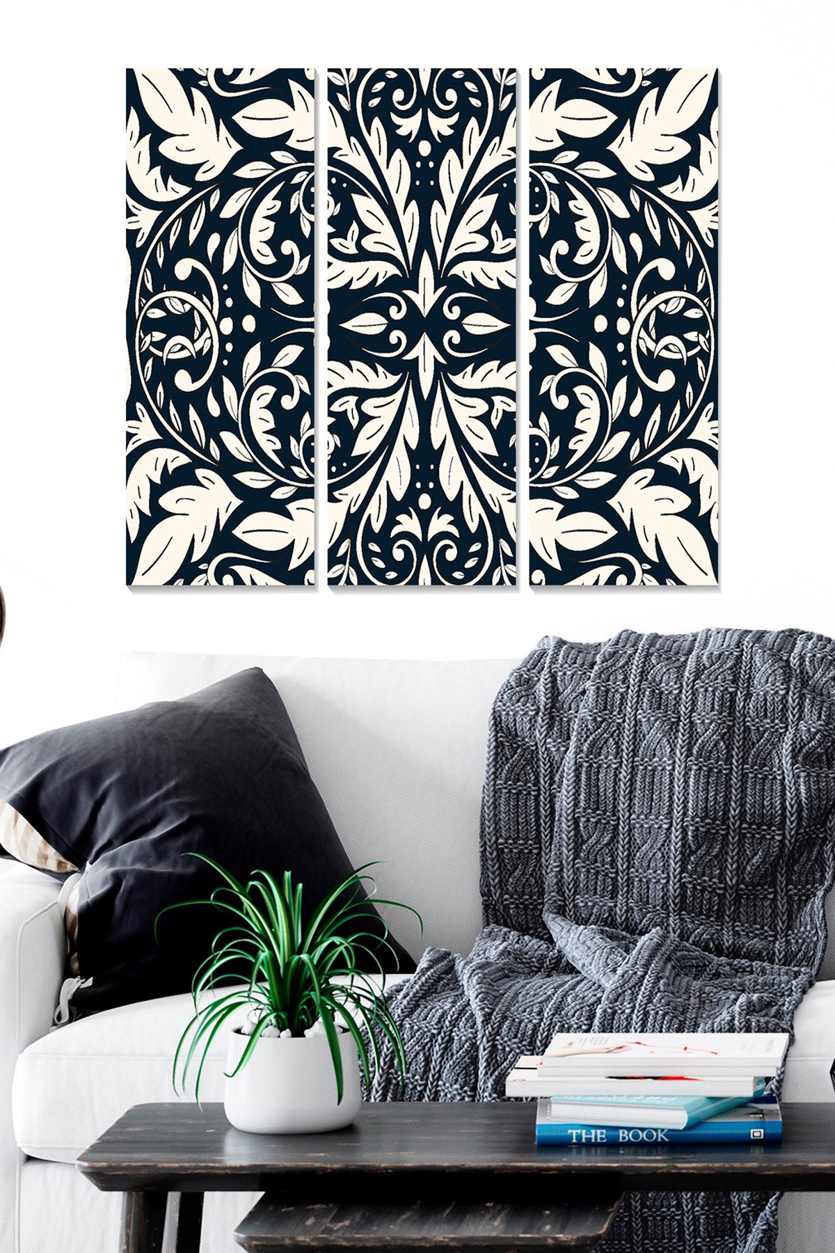 Triptyque Fabulosus L50xH70cm Motif Ornemental damassé Noir et Blanc
