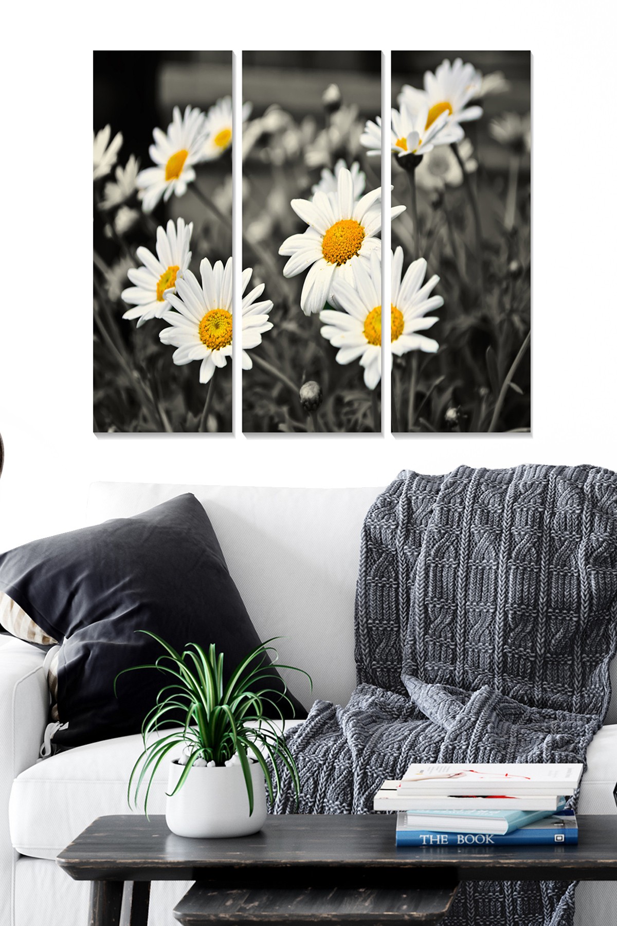 Triptyque Fabulosus L70xH50cm Motif Floraison marguerites Gris , Blanc et Jaune