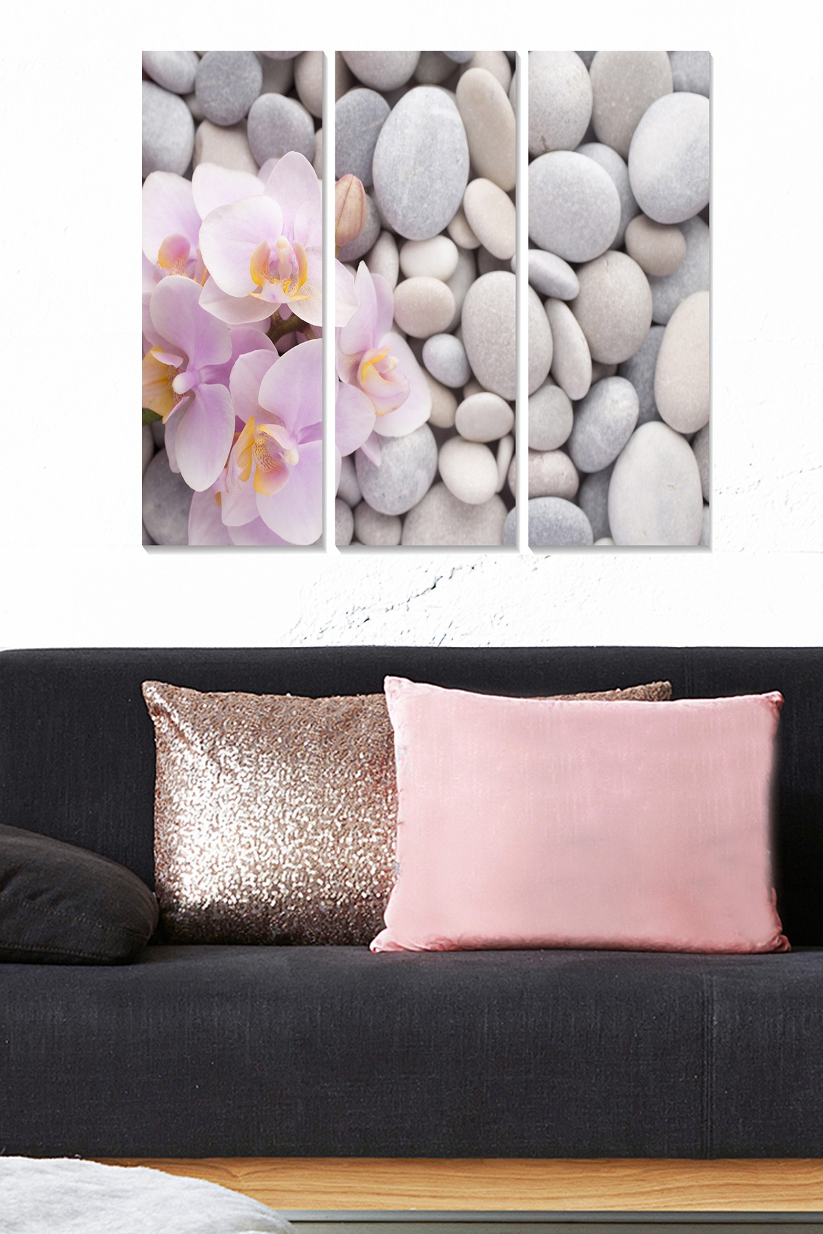 Triptyque Fabulosus L70xH50cm Motif Galet de rivière et fleurs