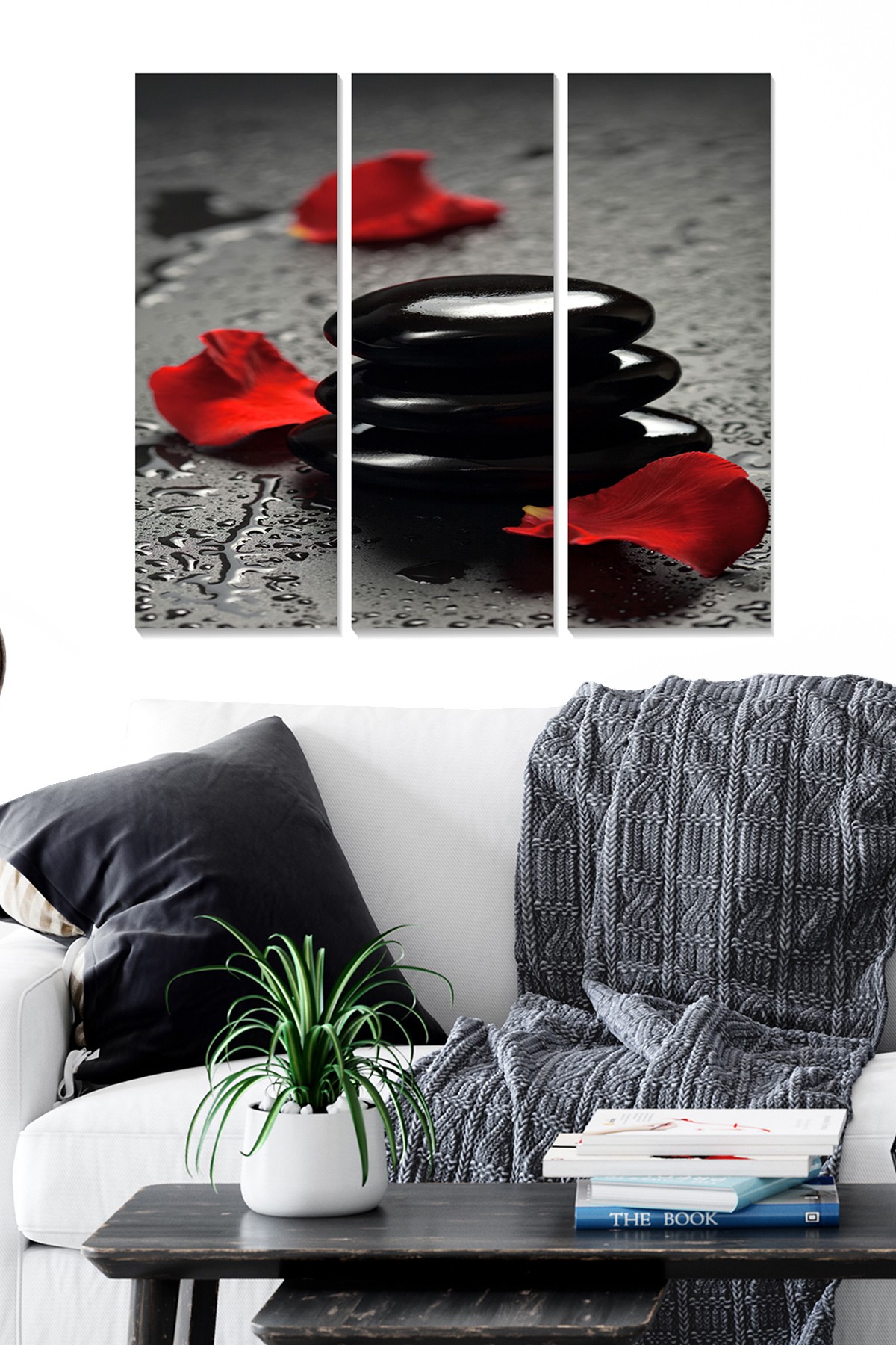 Triptyque Fabulosus L70xH50cm Motif Galets Noir, Gris et Rouge