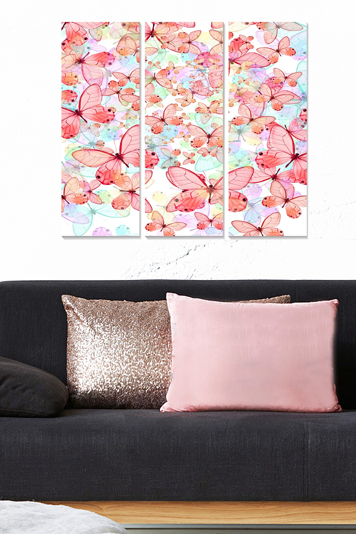 Triptyque Fabulosus L70xH50cm Motif Illustration fantaisie papillons Rose et Turquoise