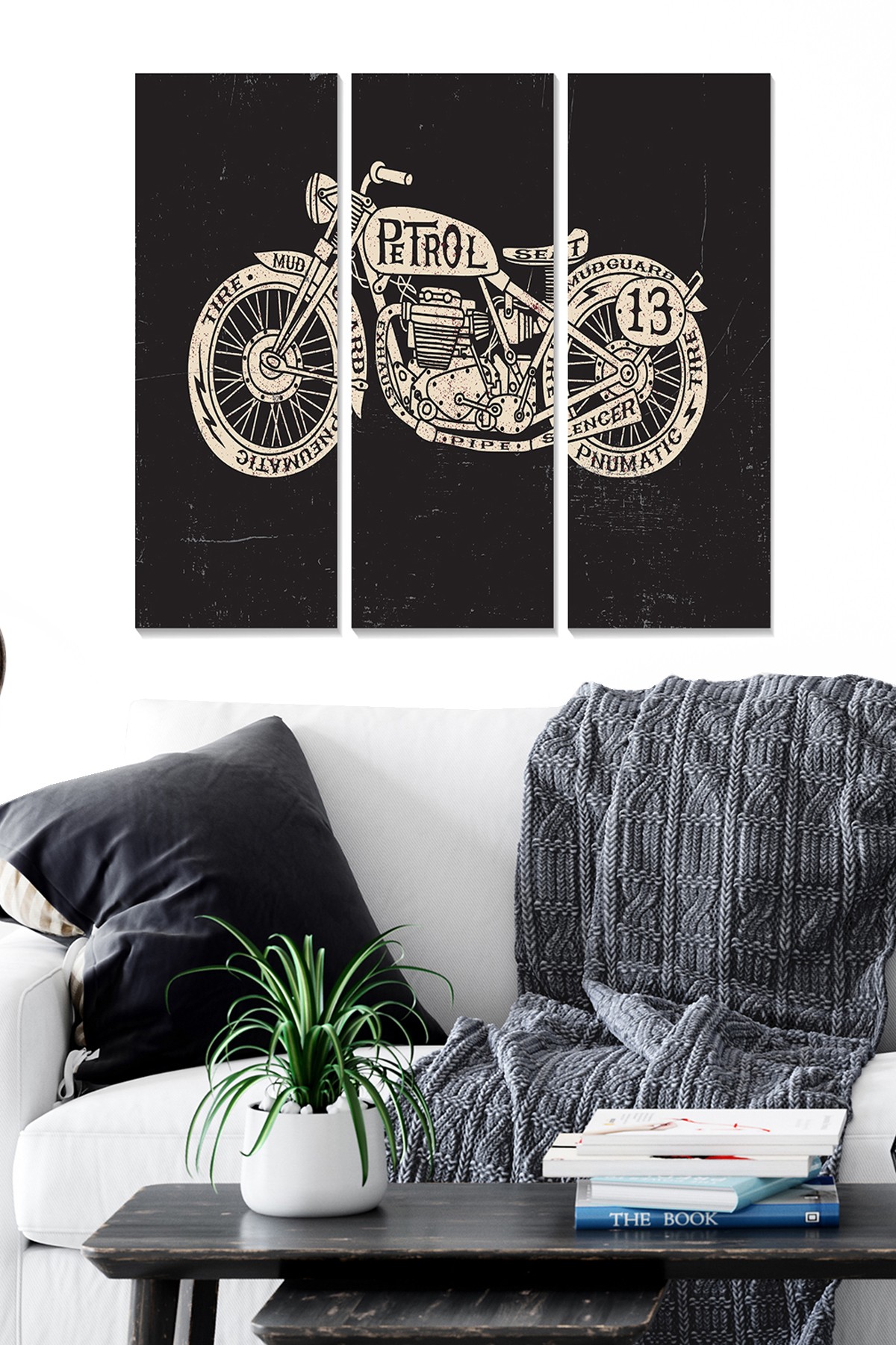 Triptyque Fabulosus L70xH50cm Motif Moto vintage Noir et Blanc