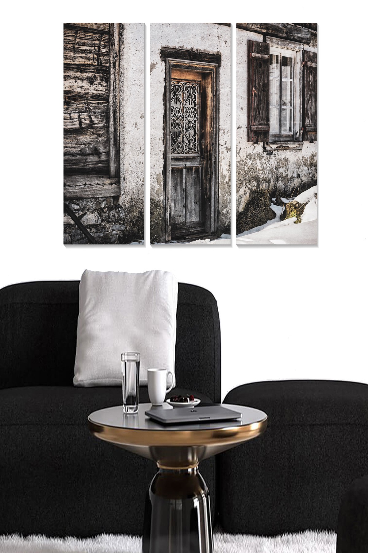 Triptyque Fabulosus L70xH50cm Motif Scène d'hiver, façade d'une maison