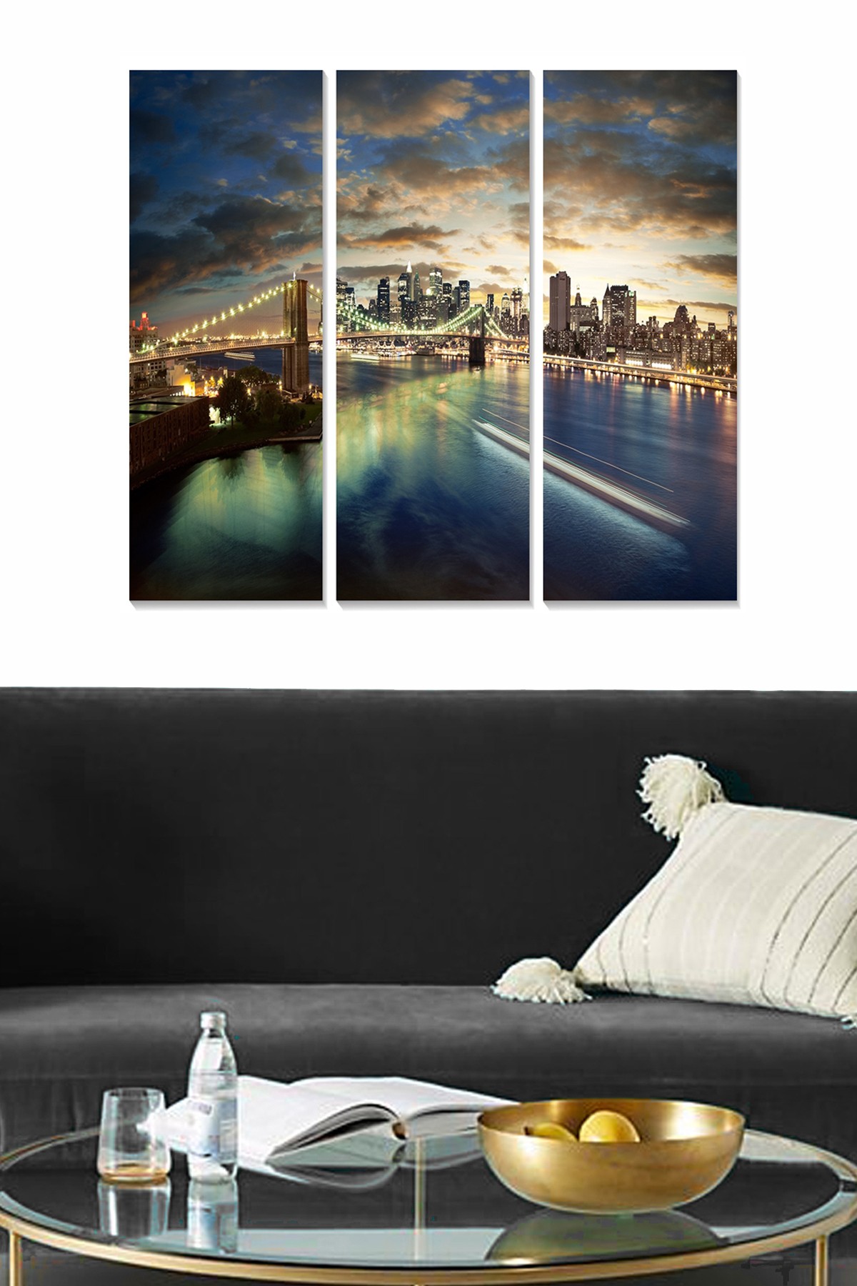 Triptyque Fabulosus L70xH50cm Motif Scénique pont de Brooklyn by night
