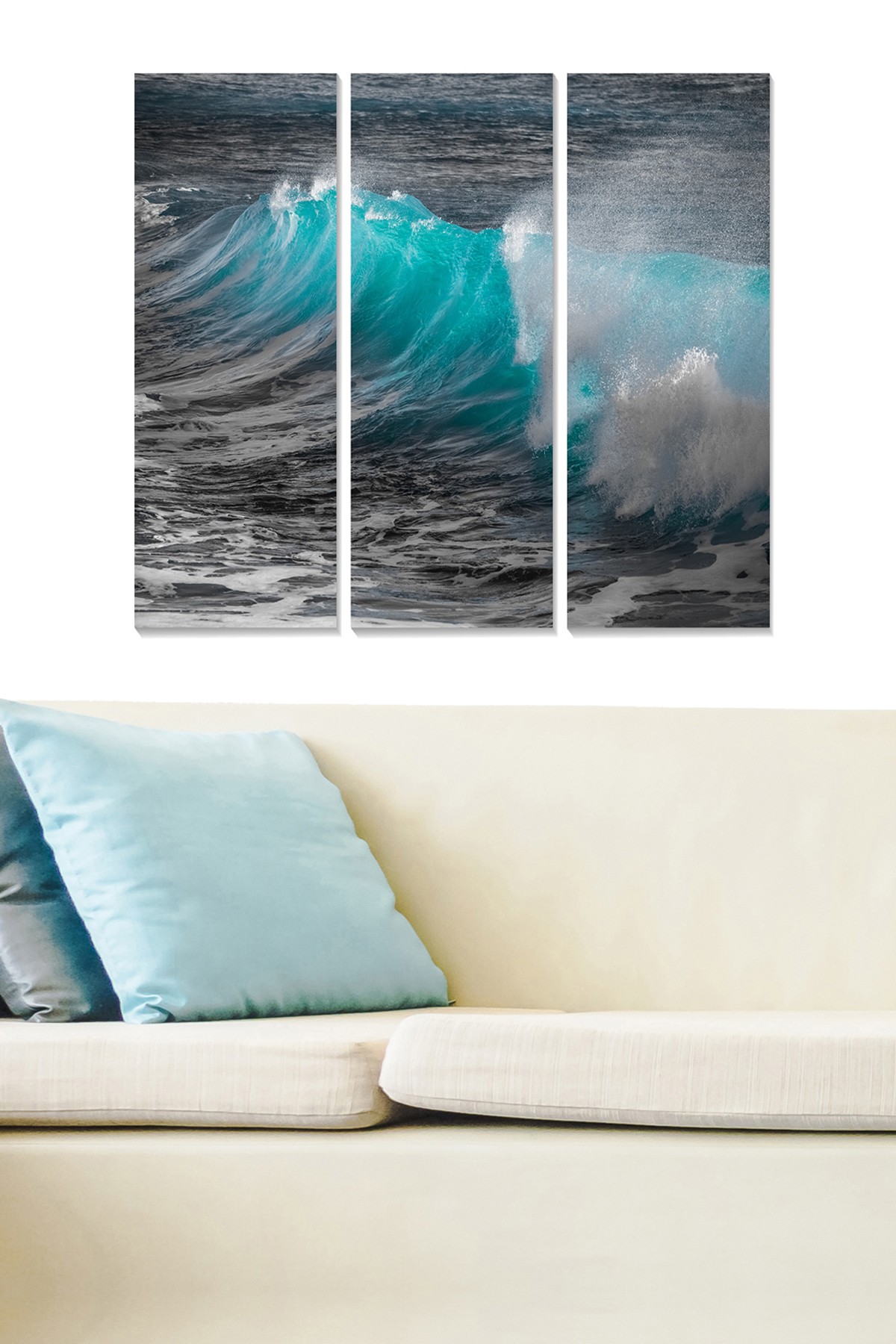 Triptyque Fabulosus L70xH50cm Motif Vague déferlante Bleu et Blanc