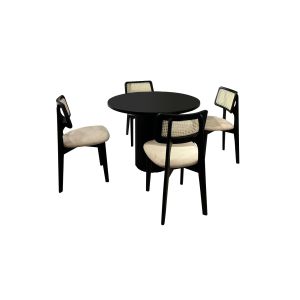 Ensemble table et 4 chaises design Belina Bois massif Noir et Cannage Beige