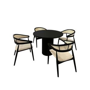 Ensemble table et 4 chaises Moona Bois massif Noir et Cannage Beige