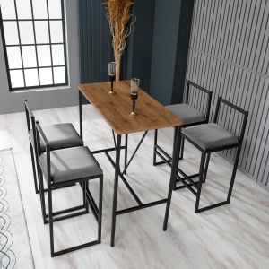 Ensemble Table et 4 chaises de bar Koumo Bois clair, Métal Noir et Velours Gris foncé