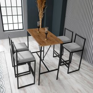 Ensemble Table et 4 chaises de bar Koumo Bois clair, Métal Noir et Velours Gris clair