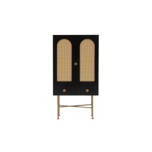 Buffet design avec cannage Kalfi L80xH150cm Bois Noir et Beige avec pieds Or