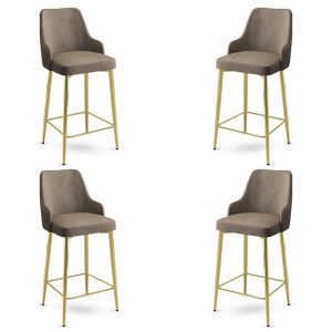 Lot de 4 chaises de bar Nairis Velours Cappuccino et Métal Or