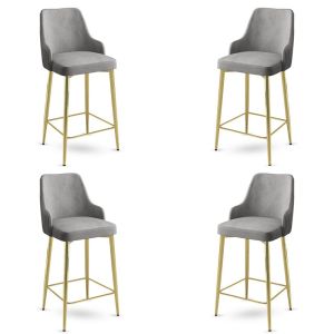 Lot de 4 chaises de bar Nairis Velours Gris et Métal Or