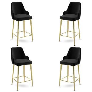 Lot de 4 chaises de bar Nairis Velours Noir et Métal Or
