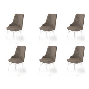 Lot de 6 chaises Komio Velours Cappuccino et Métal Blanc