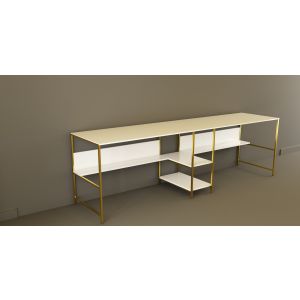 Bureau double avec étagères Wegner L240cm Bois Blanc et Métal Or