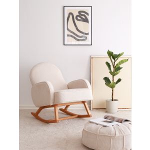 Fauteuil à bascule rembourré, avec accoudoirs Anton Velours côtelé Blanc et Bois massif Naturel