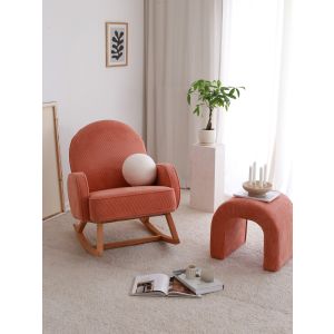 Fauteuil à bascule rembourré, avec accoudoirs Anton Velours côtelé Corail et Bois massif Naturel
