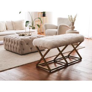banquette style industriel Lemed L100cm Métal Or et Tissu peluche Blanc