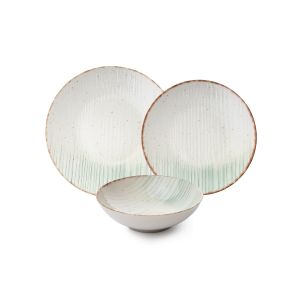 Service de table 24 pièces Clams 100% Porcelaine Motif Rayures Blanc et Vert à lisère Marron