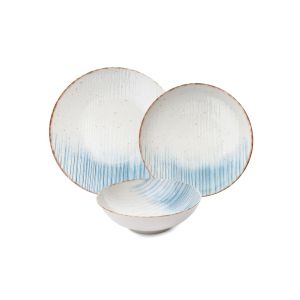 Service de table 24 pièces Clams 100% Porcelaine Motif Rayures Blanc et Bleu à lisère Marron