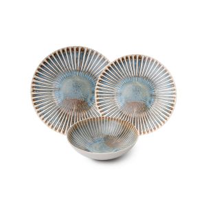 Service de table 24 pièces Clams 100% Porcelaine Motif coquillage Bleu et Marron