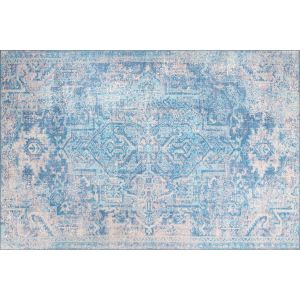 Tapis délavé Fanima 230x330cm Tissu Motif Heriz antique Turquoise et Blanc
