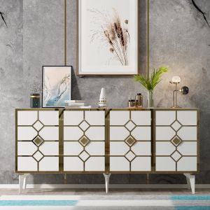 Buffet style art déco Edwood L150cm Bois Blanc et Effet miroir Or