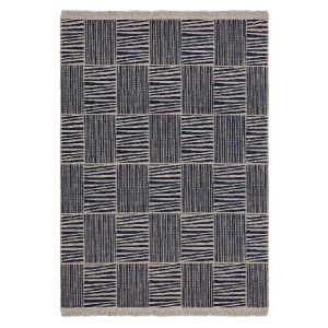 Tapis Uzoma 80x150cm Jute Motif Carreaux avec rayures Bleu marine et Beige