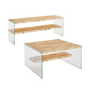 Ensemble meuble Tv et table basseTranslucens Verre trempé Transparent et Pin Massif clair